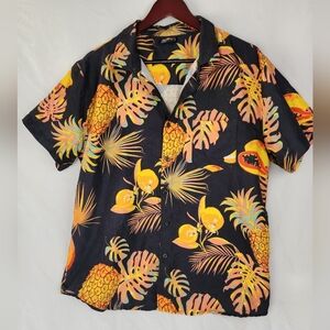 South Pole Boys Large Black and Yellow Tropical Fruit Button Down Hawaiian Shirt